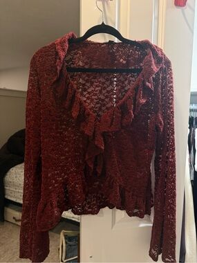 Wild Fable Burgundy Lace Ruffle V-Neck Blouse